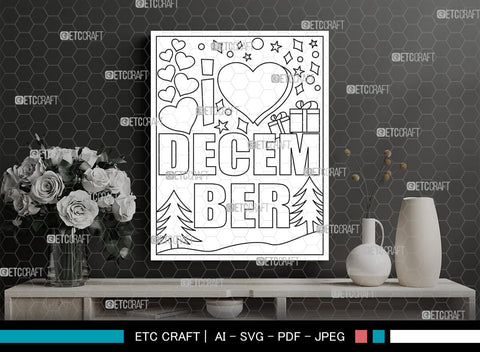 December Month Printable Coloring Page Cut File, PDF Colouring Book, Instant Download, CBP00022 SVG ETC Craft 