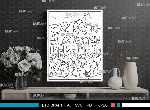December Month Printable Coloring Page Cut File, PDF Colouring Book, Instant Download, CBP00022 SVG ETC Craft 