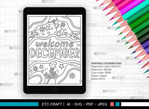 December Month Printable Coloring Page Cut File, PDF Colouring Book, Instant Download, CBP00022 SVG ETC Craft 