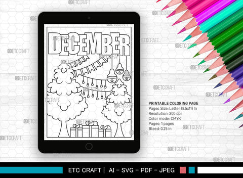 December Month Printable Coloring Page Cut File, PDF Colouring Book, Instant Download, CBP00022 SVG ETC Craft 