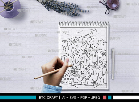 December Month Printable Coloring Page Cut File, PDF Colouring Book, Instant Download, CBP00022 SVG ETC Craft 