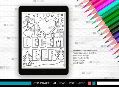 December Month Printable Coloring Page Cut File, PDF Colouring Book, Instant Download, CBP00022 SVG ETC Craft 