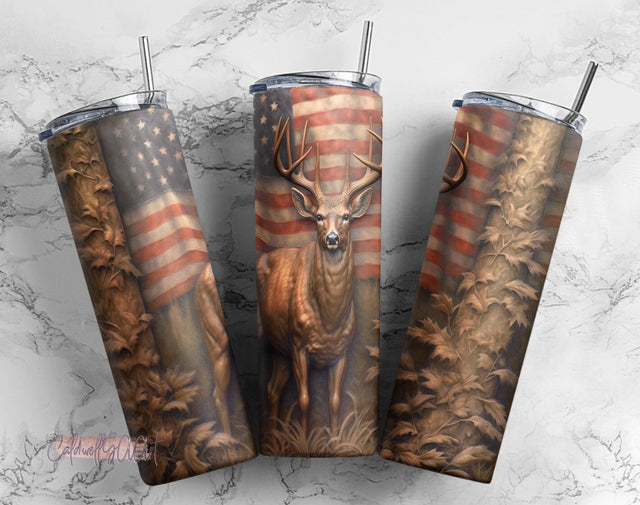Deer American Flag 20 oz Skinny Tumbler Sublimation Design PNG Sublimation CaldwellArt 
