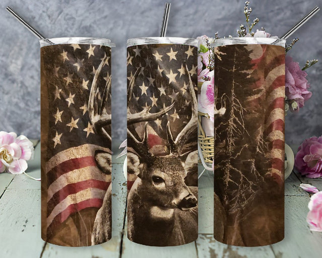 Deer American Flag 20oz Skinny Tumbler Sublimation Designs Deer Hunting American flage for Straight/Tapered Tumbler PNG Sublimation DesignSVG 
