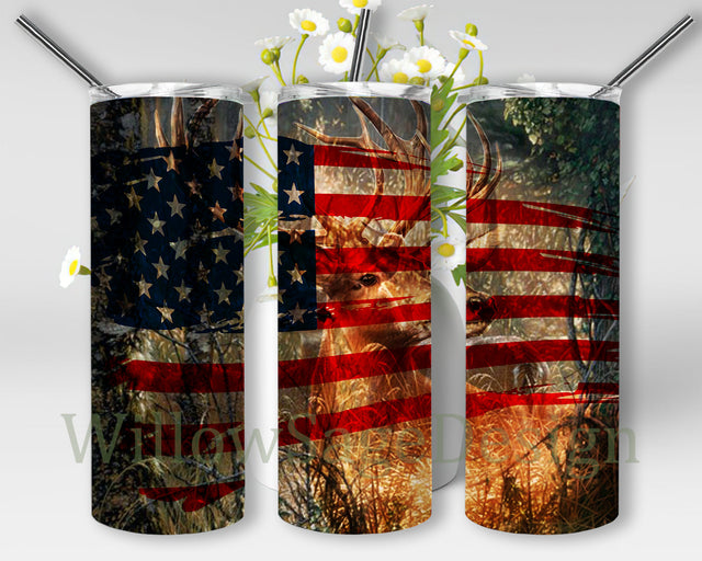 Deer and American Flag Full Tumbler Wrap, Hunting Deer 20oz Skinny Tumbler, Hunting Camo Tumbler Png, Deer Sublimation Design, Digital Download Sublimation WillowSageDesign 