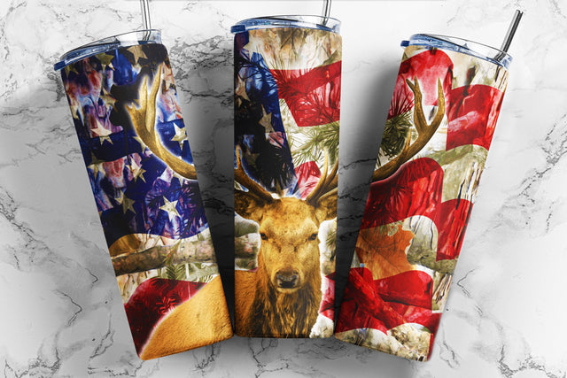 Deer and Flag 20 Oz skinny tumbler, American Flag Hunting tapered & straight template digital download PNG sublimation design Sublimation TumblersByPhill 