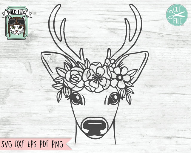 Deer Face SVG, Reindeer SVG, Deer Flower Crown SVG Cut File, Antlers SVG, Floral Crown SVG, Deer With Flowers on Head SVG, Fawn SVG SVG Wild Pilot 
