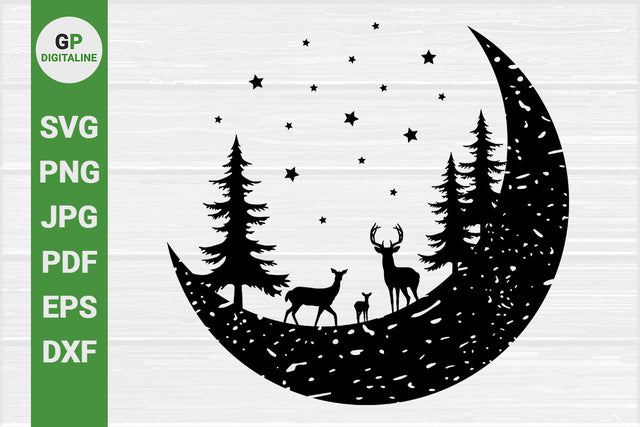 Deer Family SVG, Crescent Moon SVG, Night Skies SVG, Stars SVG, Pine Trees SVG, Woodland Animals SVG, Wildlife SVG, Woods SVG, Forest SVG, Nature SVG, Outdoor SVG, Wilderness SVG SVG GPDigitaline 