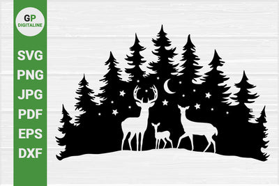 Deer Family SVG, Forest SVG, Woods SVG, Pine Trees SVG, Mama Deer SVG, Papa Deer SVG, Baby Deer Cub SVG, Moon SVG, Stars SVG, Wildlife SVG, Wilderness SVG, Woodland Animals SVG, Outdoor SVG, Nature SVG SVG GPDigitaline 