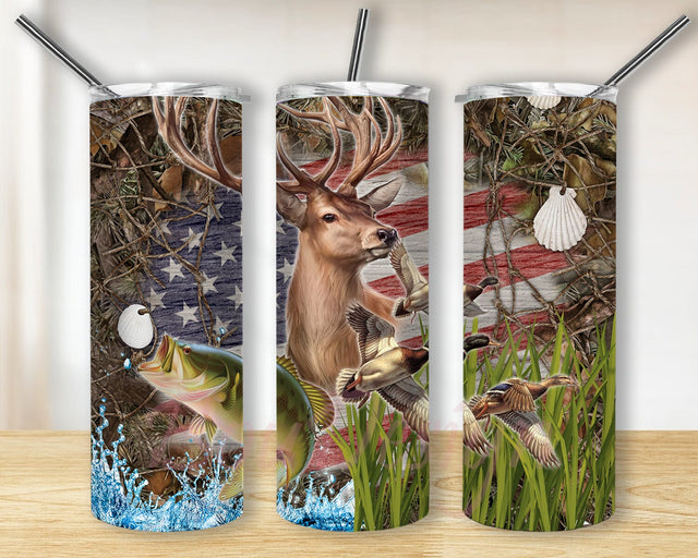 Deer Fish Duck Camo Wood Flag 20oz Skinny Tumbler Png, Hunting Tumbler, Deer Hunting Tumbler, USA Flag Tumbler Png, Wood Sublimation Tumbler, Coffee Tumbler Sublimation BouDesign 