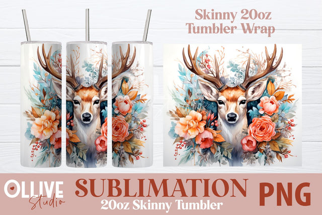 Deer Floral Sublimation 20oz Tumbler Wrap PNG SVG Ollive Studio 