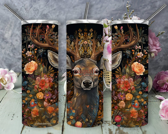 Deer Framed With Plants And Flowers 20oz Skinny Tumbler Png, Deer Flowers Tumbler, Colorful Flower Deer Stained Glass Tumbler, Animal Tumbler Template Deer Sublimation DesignSVG 