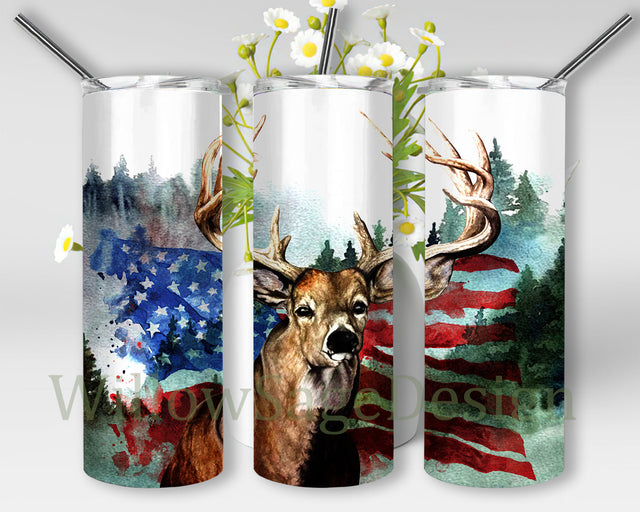Deer Hunting 20oz Skinny Tumbler, Watercolor Deer Tumbler Png, American Flag Deer Tumbler Wrap, Deer Sublimation Design, Hunter Gift, Digital Download Sublimation WillowSageDesign 