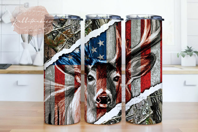 Deer Hunting American Flag Background 20oz Skinny Tumbler Sublimation Designs Sublimation Rabbitmakies 