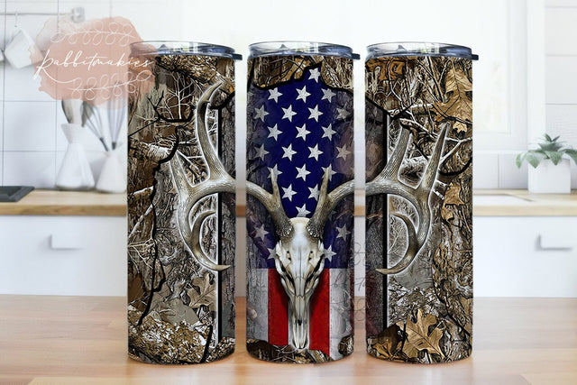 Deer Hunting American Flag Background 20oz Skinny Tumbler Sublimation Designs Sublimation Rabbitmakies 