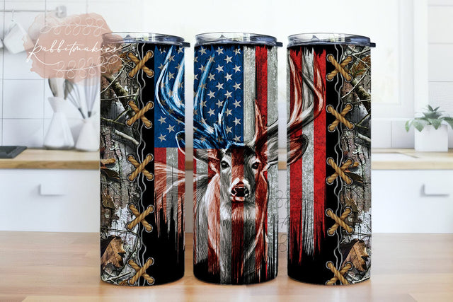 Deer Hunting American Flag Background 20oz Skinny Tumbler Sublimation Designs Sublimation Rabbitmakies 
