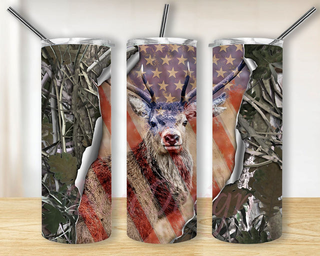 Deer Hunting American Flag Tumbler Png Sublimation Designs Deer Hunting and Camo Patriotic USA Hunting Png 20oz Skinny Straight Tapered Wrap Sublimation BouDesign 