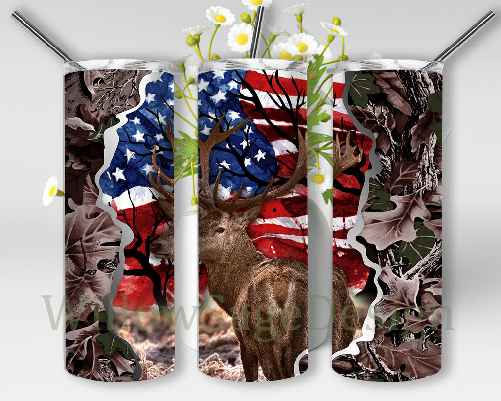 Deer Hunting Camo Hunt 20oz Tumbler Png, American Flag Deer Skinny ...