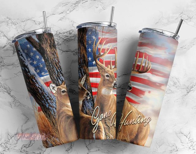 Deer Hunting Tumbler Wrap Sublimation PNG, USA Flag Deer Camouflage 20oz Skinny Tumbler Wraps Templates, Gone Hunting Digital Download Sublimation CaldwellArt 
