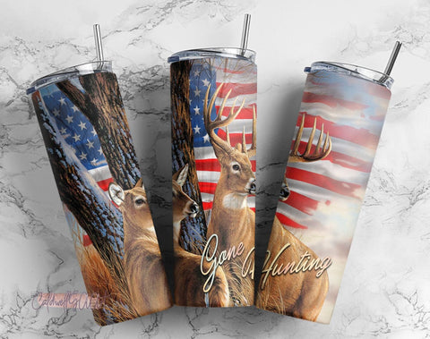 Deer Hunting Tumbler Wrap Sublimation PNG, USA Flag Deer Camouflage 20oz Skinny Tumbler Wraps Templates, Gone Hunting Digital Download Sublimation CaldwellArt 