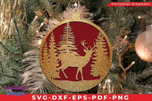Deer In The Winter Forest Christmas Ornament SVG Cut File SVG Sublimatiz Designs 