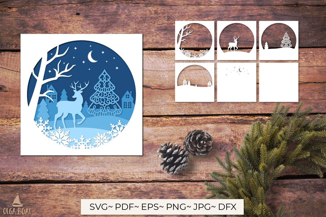 Deer shadow box svg | 3d Christmas papercut layered SVG Olga Boat Design 