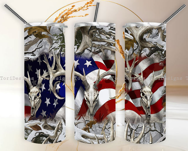 Deer Skull American Flag 20oz Skinny Tumbler Sublimation Designs Sublimation ToriDesigns 
