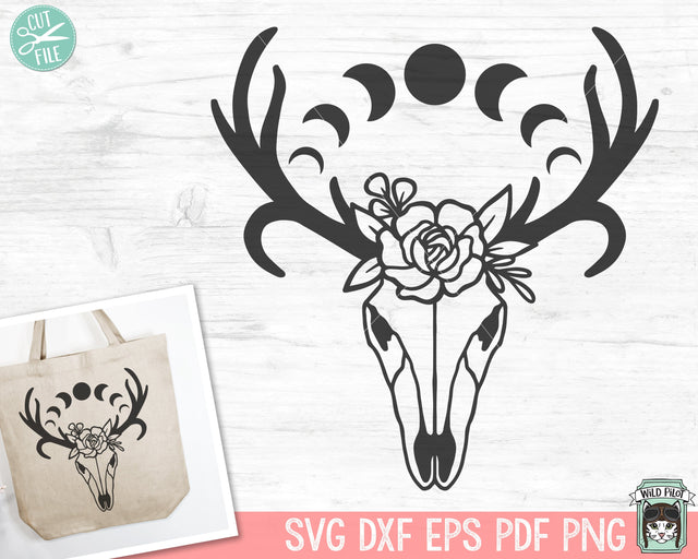 Deer Skull Flowers SVG, Deer Skull Floral SVG, Moon Phases SVG, Southwest svg, Boho svg, Bohemian svg, Just A Phase svg, Crescent Moon svg SVG Wild Pilot 