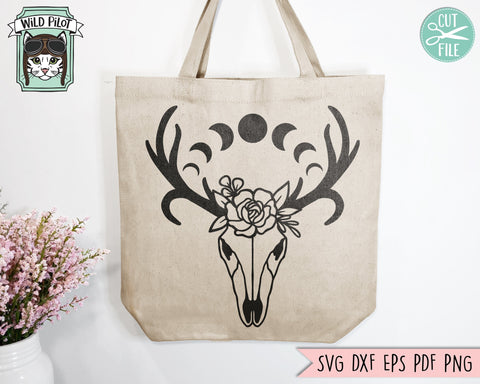 Deer Skull Flowers SVG, Deer Skull Floral SVG, Moon Phases SVG, Southwest svg, Boho svg, Bohemian svg, Just A Phase svg, Crescent Moon svg SVG Wild Pilot 