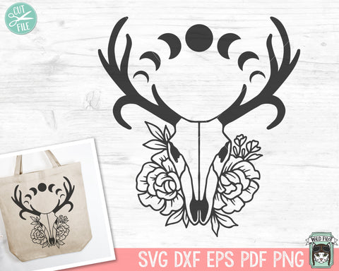 Deer Skull Flowers SVG, Deer Skull Floral SVG, Moon Phases SVG, Southwest svg, Boho svg, Bohemian svg, Just A Phase svg, Crescent Moon SVG Wild Pilot 