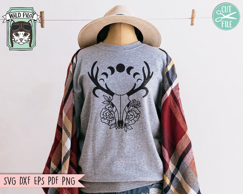 Deer Skull Flowers SVG, Deer Skull Floral SVG, Moon Phases SVG, Southwest svg, Boho svg, Bohemian svg, Just A Phase svg, Crescent Moon SVG Wild Pilot 