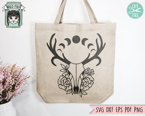 Deer Skull Flowers SVG, Deer Skull Floral SVG, Moon Phases SVG, Southwest svg, Boho svg, Bohemian svg, Just A Phase svg, Crescent Moon SVG Wild Pilot 