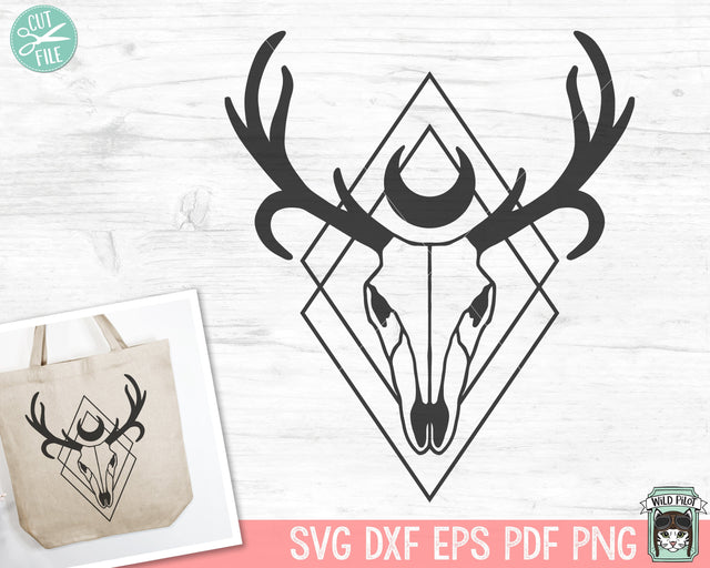 Deer Skull SVG Cut File, Mystical svg, Crescent Moon svg, Deer Skull png, Southwest SVG, Boho svg, Bohemian svg, Diamond svg, Tribal svg SVG Wild Pilot 
