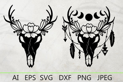 Deer skull with feathers and flowers svg, Boho skull clipart SVG AnastasiyaArtDesign 