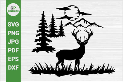 Deer SVG, Elk SVG, Horned Deer SVG, Wild SVG, Mountain SVG, Woods SVG, Forest SVG, Pine Trees SVG, Moon SVG, Clouds SVG, Sky SVG, Nature SVG, Outdoor SVG, Woodland Animal SVG, Wilderness SVG, Wildlife SVG SVG GPDigitaline 