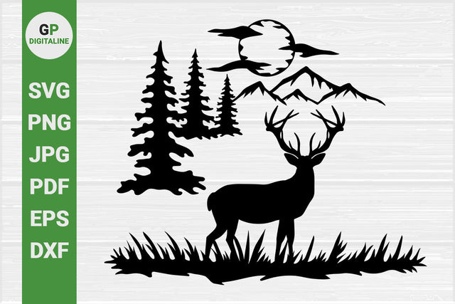 Deer SVG, Elk SVG, Horned Deer SVG, Wild SVG, Mountain SVG, Woods SVG, Forest SVG, Pine Trees SVG, Moon SVG, Clouds SVG, Sky SVG, Nature SVG, Outdoor SVG, Woodland Animal SVG, Wilderness SVG, Wildlife SVG SVG GPDigitaline 