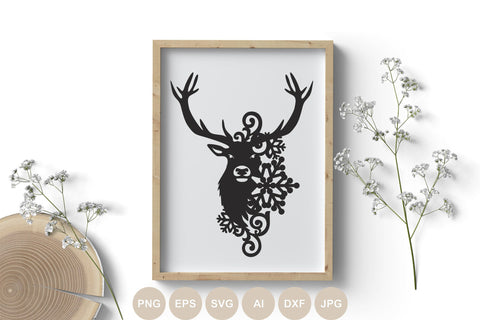 Deer Svg file, Christmas Svg, Deer Cut file, Snowflake, Nature Deer Png, Animals, Deer Silhouette, Clipart, Vector, Reindeer Svg Cricut SVG BogeliaVector 