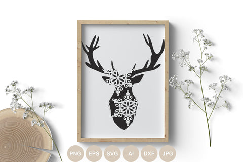 Deer Svg file, Christmas Svg, Snowflake Svg, Deer Cut file, Reindeer svg, Merry Christmas Png, Winter, Animals, Holiday, Holly, Evergreen SVG BogeliaVector 