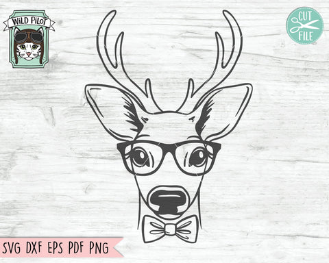 Deer SVG File, Deer Face SVG Deer Glasses And Bowtie SVG Cut File, Antlers SVG, Deer Cut File, Animal Face SVG, Reindeer SVG, Christmas SVG, Fawn SVG, Christmas Deer, Eyeglasses SVG SVG Wild Pilot 