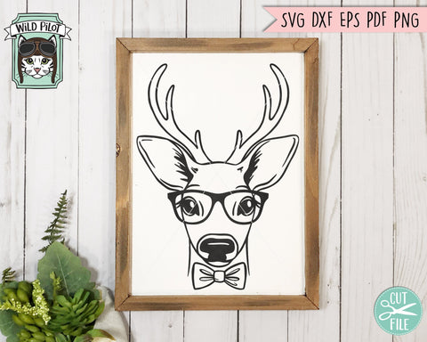 Deer SVG File, Deer Face SVG Deer Glasses And Bowtie SVG Cut File, Antlers SVG, Deer Cut File, Animal Face SVG, Reindeer SVG, Christmas SVG, Fawn SVG, Christmas Deer, Eyeglasses SVG SVG Wild Pilot 