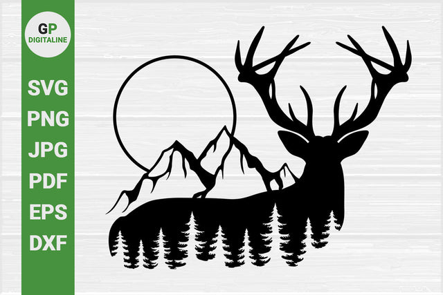 Deer SVG, Wild SVG, Mountain SVG, Forest SVG, Woods SVG, Pine Trees SVG, Moon SVG, Elk SVG, Antlers SVG, Horned Deer, Woodland Animal SVG, Wilderness SVG, Wildlife SVG, Hunting SVG, Outdoor SVG, Nature SVG SVG GPDigitaline 
