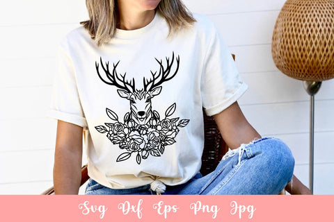 Deer With Antlers And Flowers SVG File Free For Commercial Use SVG Sintegra 