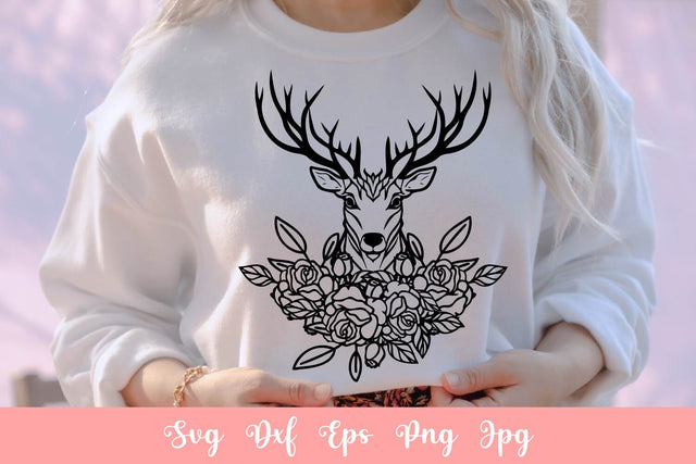 Deer With Antlers And Flowers SVG File Free For Commercial Use SVG Sintegra 