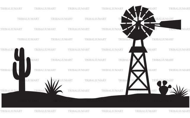 Desert landscape with water pumping windmill SVG TribaliumArtSF 