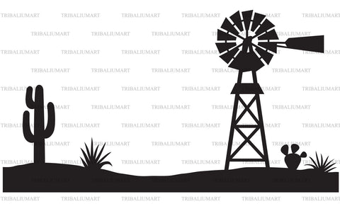 Desert landscape with water pumping windmill SVG TribaliumArtSF 