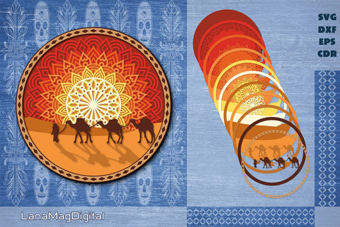 Desert sunset 3d mandala svg, Layered sunset svg Camel svg 3D Paper LanaMagDigital 