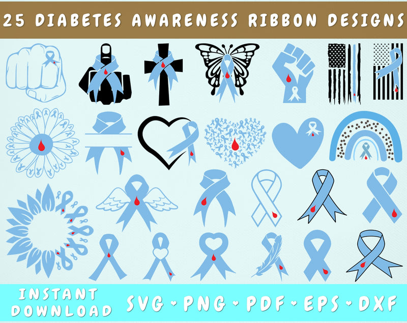 Diabetes Awareness Ribbon Svg Bundle, 25 Designs, Diabetes Clipart 