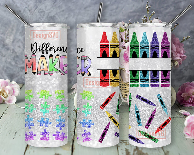 Difference Maker Special Education 20oz Skinny Tumbler Png, Rainbow Glitter Teacher Tumbler, Teach Love Inspire Sublimation Design, Crayon Tumbler Sublimation DesignSVG 