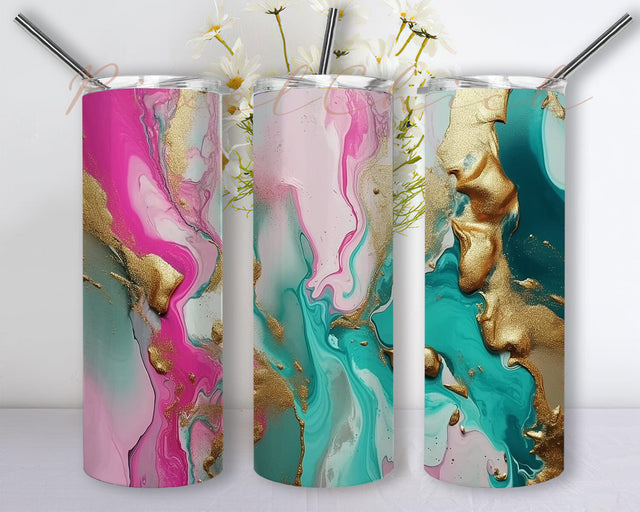 Different Colors Of Paint With Gold And Pink Swirls 20oz Skinny Tumbler Wrap, Abstract Tumbler Wrap Pink Blue Gold Sublimation Seamless Designs, Elegant Watercolor Tumbler Sublimation PixelChick 