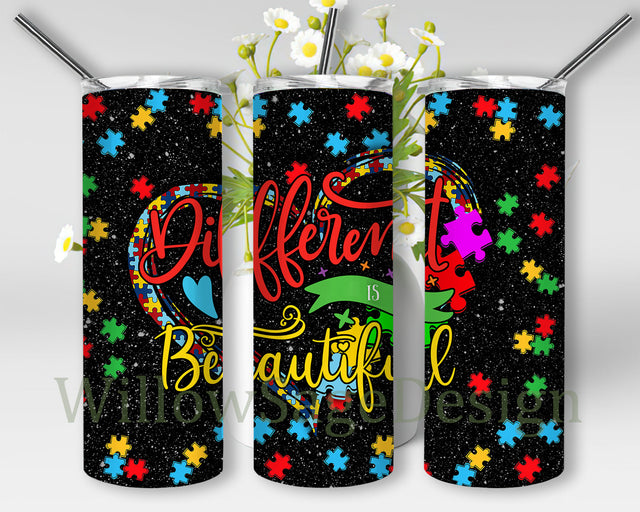 Different Is Beautiful 20oz Skinny Tumbler, Autism Awareness Tumbler Png, Colorful Autism Puzzle Tumbler Wrap, Autism Sublimation Design for Straight, Instant Download Sublimation WillowSageDesign 